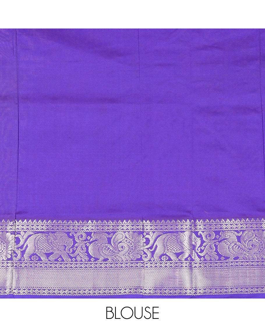 Pink Kuppadam Cotton Saree, Highlighted with Muniya Buttas All Over Its Body, Complemented by a Contrast Border of Elephant-Peacock Designs in Zari, Grand Jaal Design Pallu, and Paired with a Contrast Blouse
