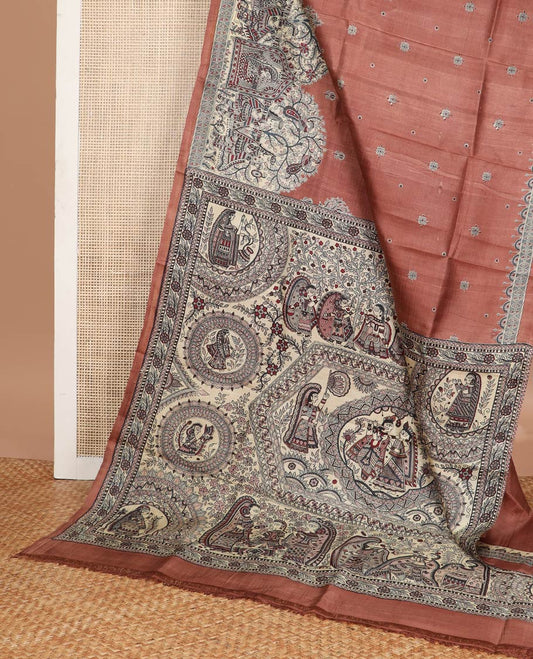 Brown madhubani style printed silk saree with self border & madhubani style design pallu