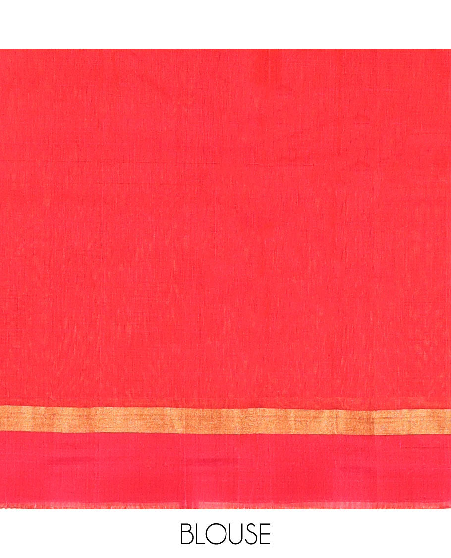 Orange motifs silk cotton saree with contrast zari border & geometric design pallu