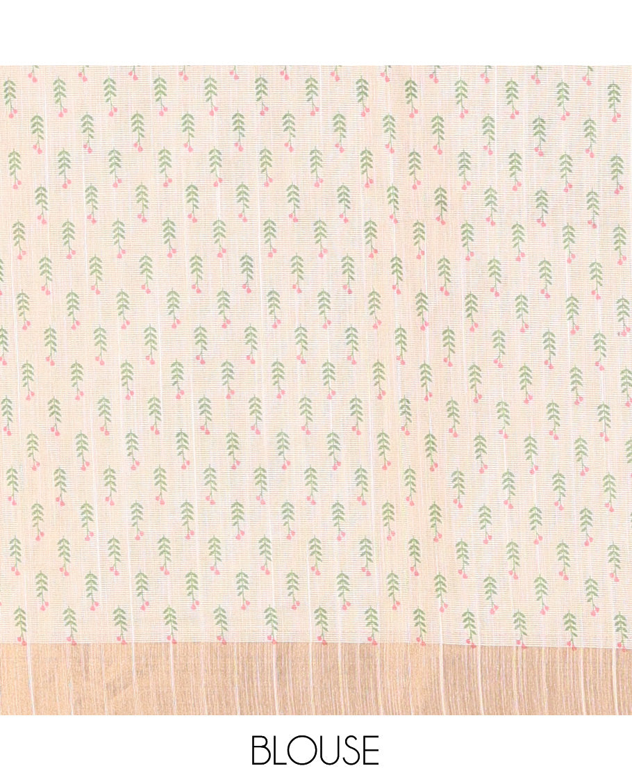 Cream-Pink Tissue Linen Cotton Saree Features Floral Buttas, a Zari Border, Floral Pallu, Matching Blouse