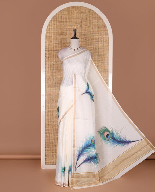 Half-white real-like peacock feathers digitally printed Kerala cotton saree, zari border, striped pallu, and matching blouse