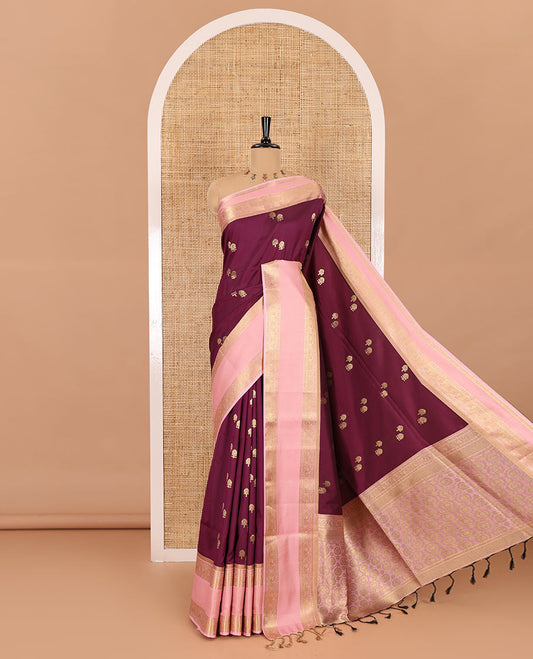 Purple zari buttas soft silk saree , contrast peacock and mango zari weaving border , contrast weaving rich pallu and contrast Blouse
