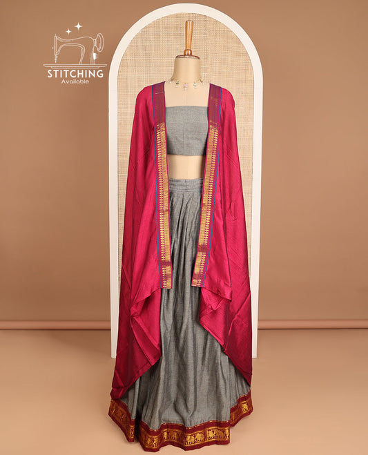 Elephant grey zari design cotton half saree with zari design blouse & intricate zari design border dhavani