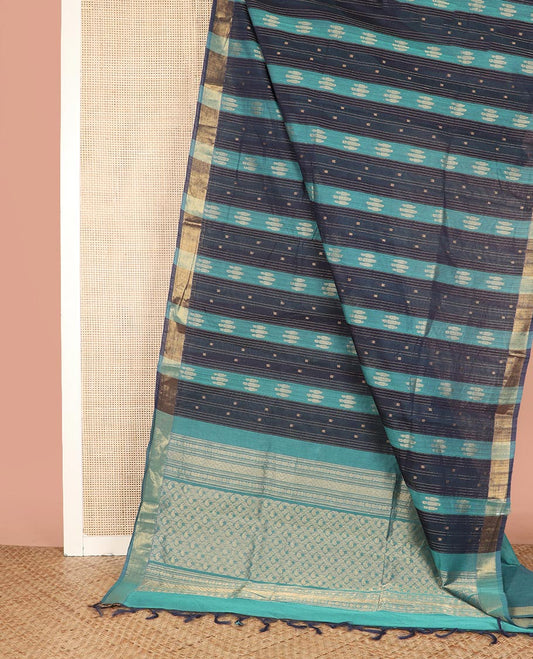 Blue Coimbatore Cotton Saree, Prettified with Stripes and Unique Buttas All Over Its Body, Subtly Zari Border, Complemented by Pallu of Jaal Designs, and Paired with a Contrast Blouse