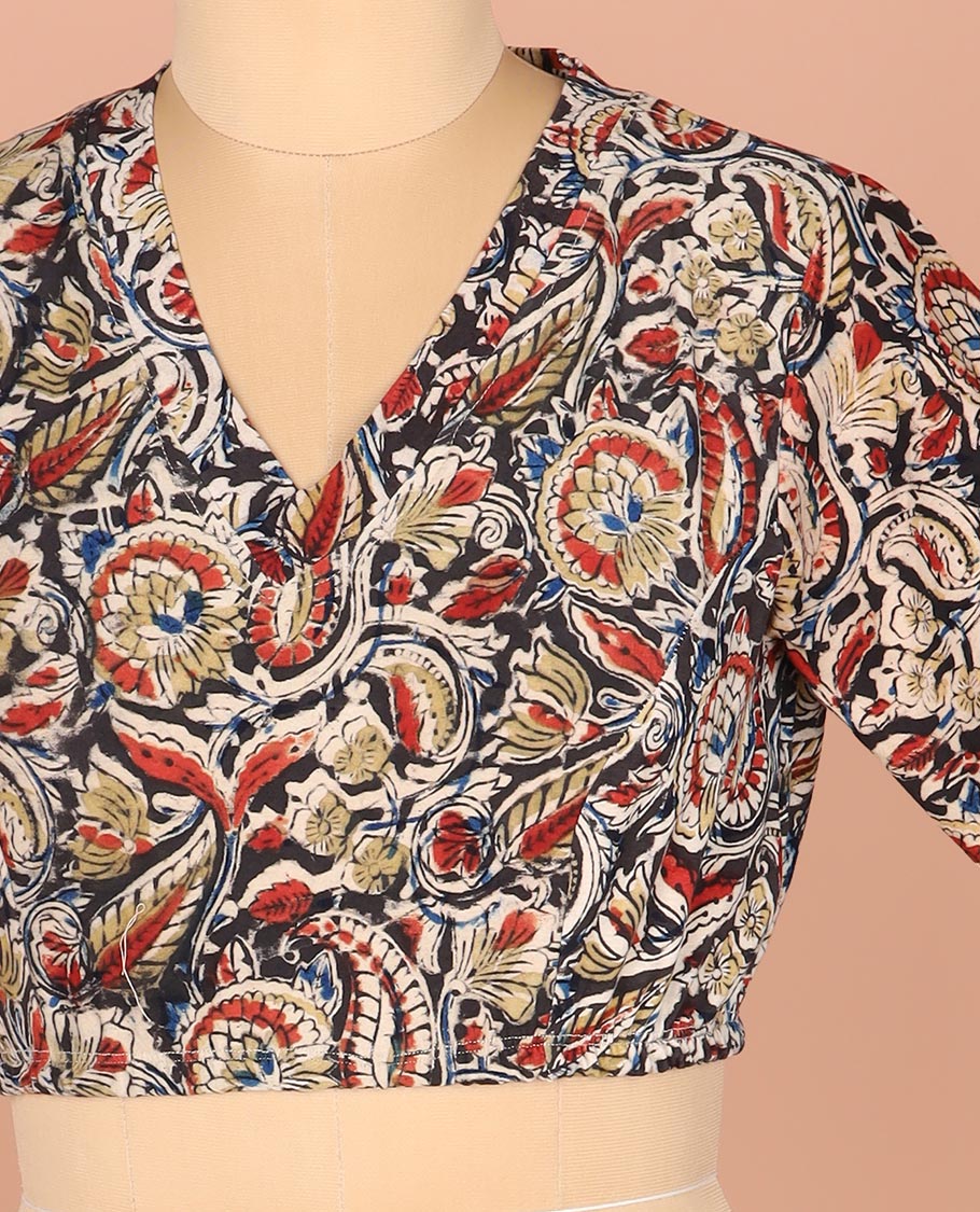 Multi-Color Readymade Blouse Elegantly Printed with Floral-Paisley Vine, Featuring a Front V-Neck, a Back Closed Neck, and Full Sleeves