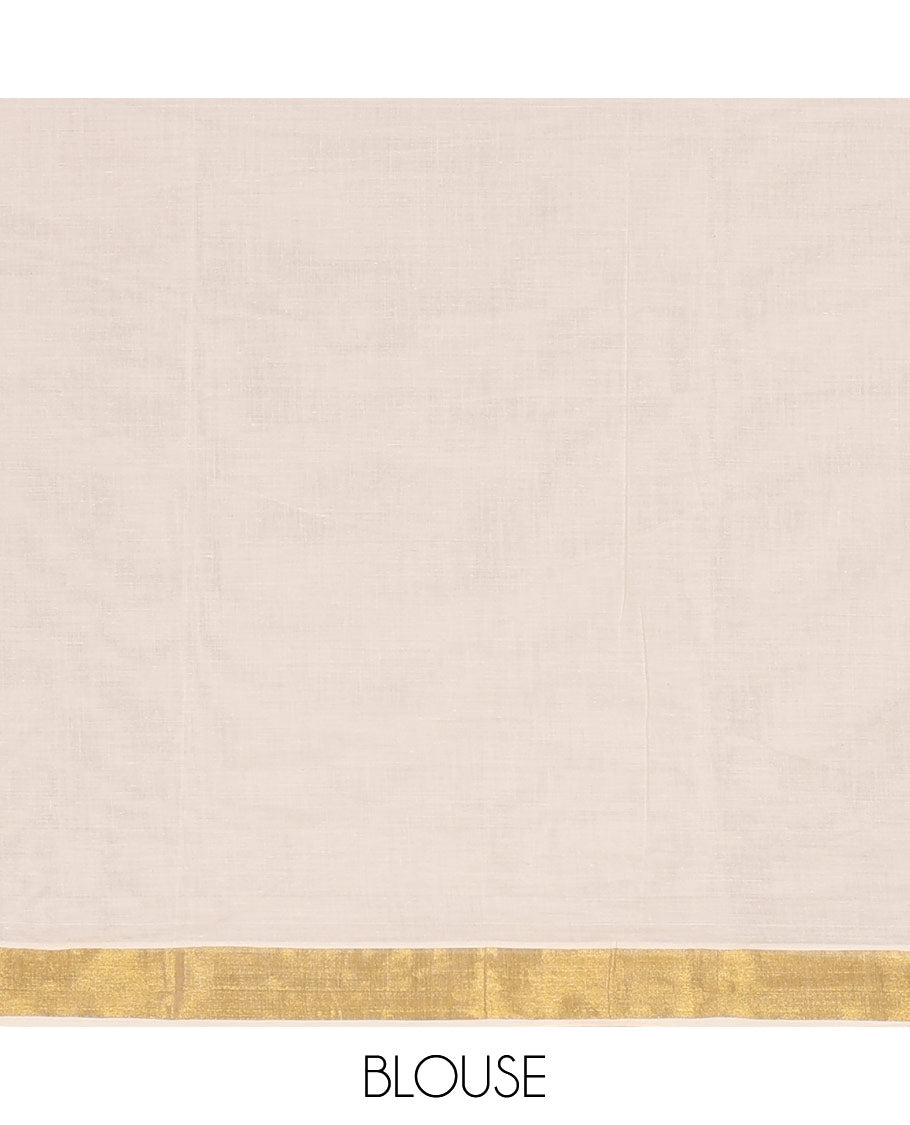 Cream and Yellow Kerala Cotton Saree, Detailed with Bunch of Floral Motifs Printed on Its Body, Subtle Zari Border, Pallu Features a Big Bunch of Floral Motifs Print, and Paired with a Matching Blouse