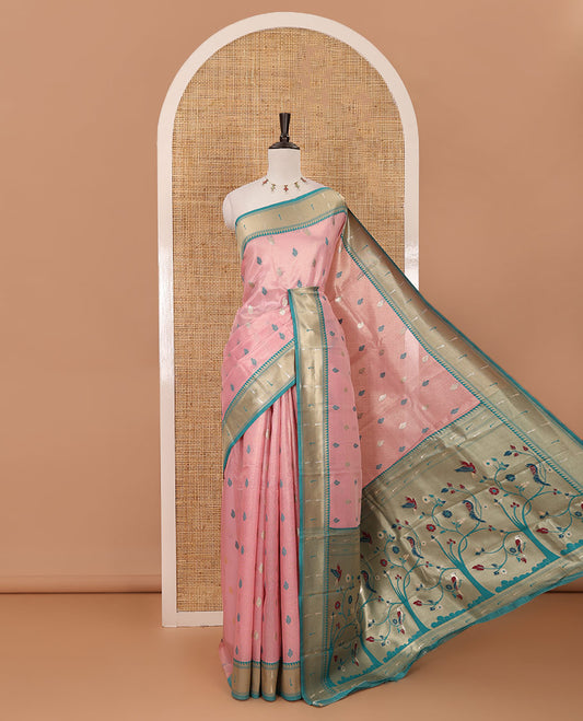 Baby pink zari & thread buttas woven tissue silk saree, contrast muniya temple border, paithani-style design pallu & contrast zari buttas blouse