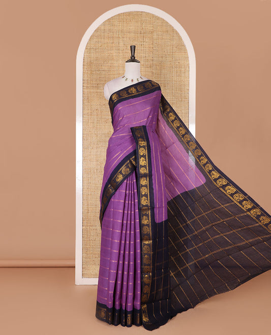Purple veldhari zari striped Sungudi cotton saree, contrast peacock, and paisley zari motif border, zari striped pallu, and contrast zari design blouse