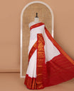 White plain sungudi cotton saree, contrast big annam motifs woven zari border, zari striped pallu & zari design blouse