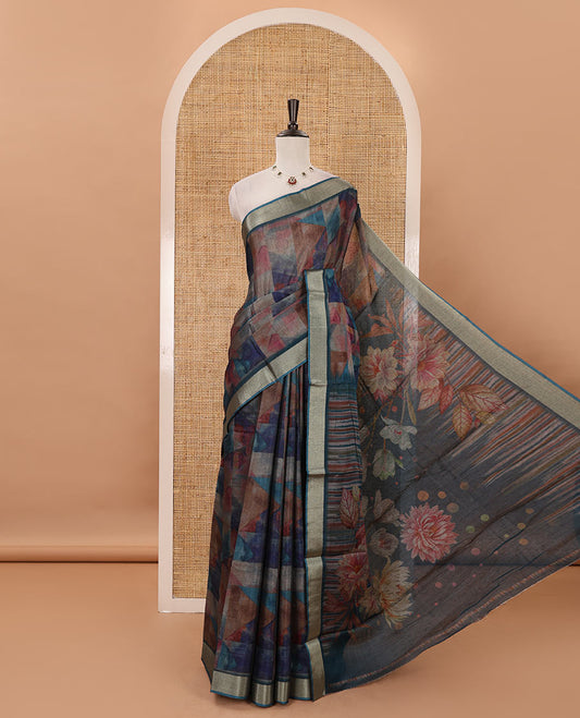 Purple-base colorful abstract printed black spun linen saree, zari piping border, floral printed pallu & printed blouse