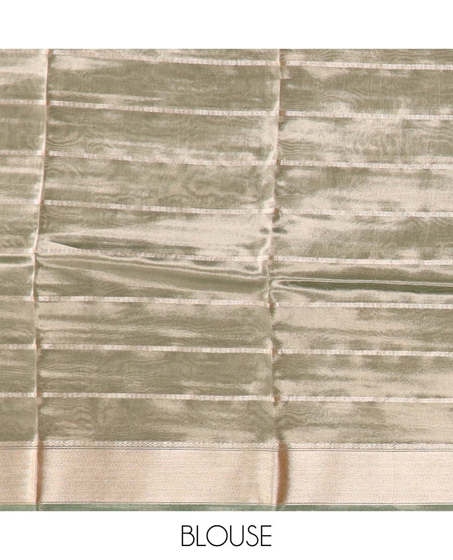 Green striped semi-banaras tissue saree, plain border & striped pallu 