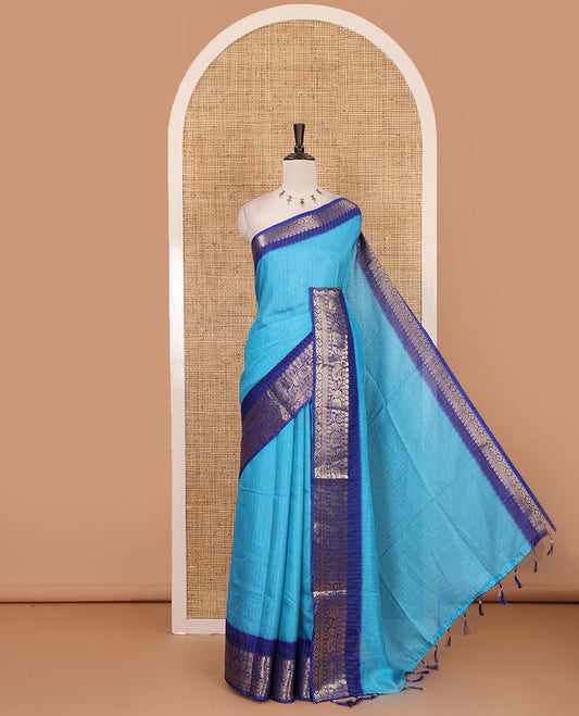 Blue gold zari vertical striped dola silk saree, contrast traditional zari border of manga design, striped pallu & contrast diamond design blouse