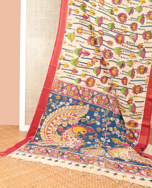 Cream lotus design machine-printed kalamkari cotton saree with contrast zari design border & animal motifs pallu