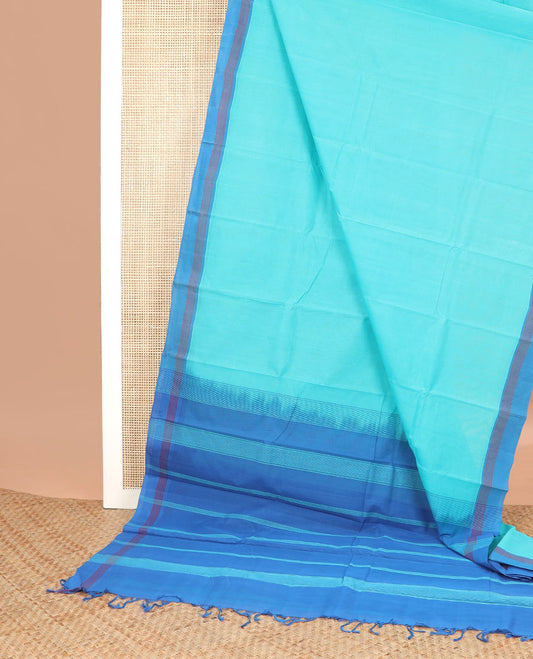 Blue kanchi cotton saree with contrast striped border & striped pallu