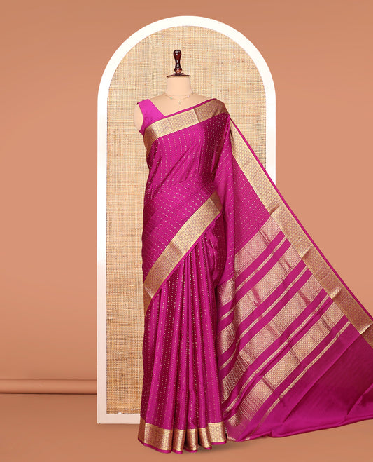 Pink Plain Mysore Silk Saree, Highlighted by Traditional Zari Border, Zari Designs Woven Pallu, and Paired with a Matching Blouse
