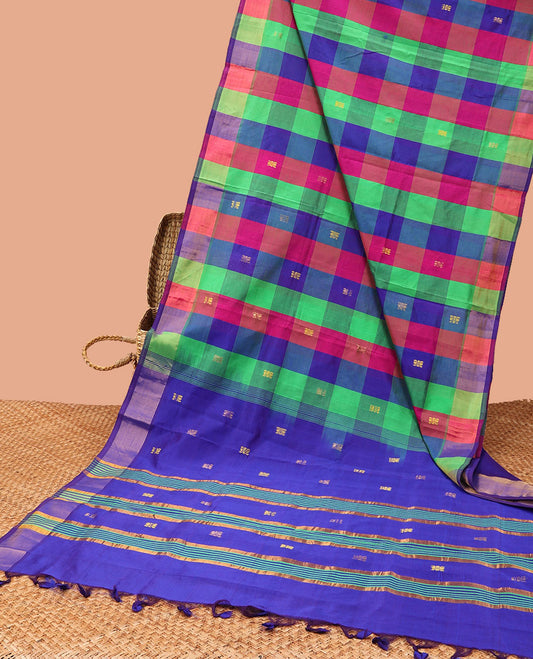 Multi-color checked kuppadam cotton saree with all-over buttas, self-border & pallu of stripes