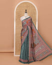 Green-base colorful pasiley-theme printed & real mirror work masakali saree, self-border & pallu of print & mirror work