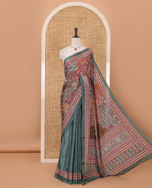 Green-base colorful pasiley-theme printed & real mirror embroidery masakali saree, self-border & pallu of print & mirror work