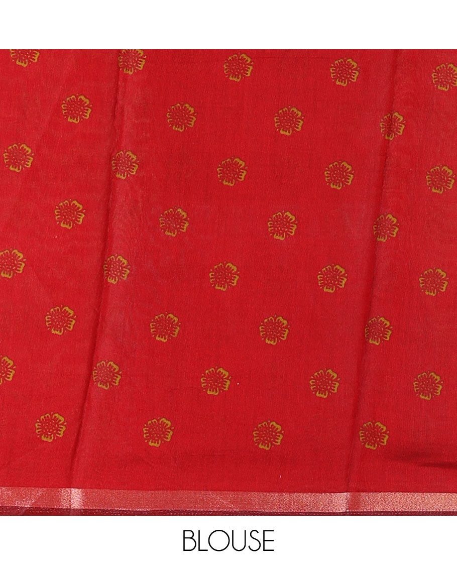 Mehendi green human figurines printed muslin cotton saree, contrast floral-peacock printed border of piping work, kalamkari printed pallu, and a contrast blouse of flower motifs print