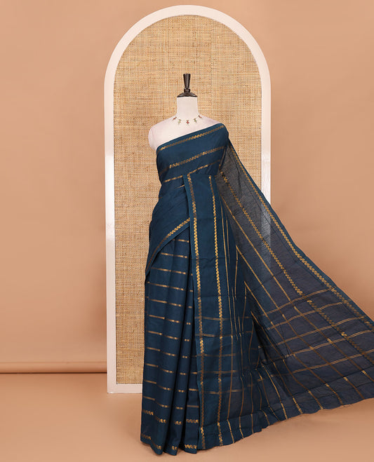 Borderless navy blue veldhari zari striped Sungudi cotton saree, self-pallu of veldhari stripes & running blouse