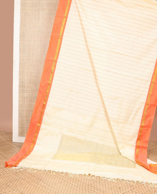 White striped gift saree with contrast zari design & geometric design pallu