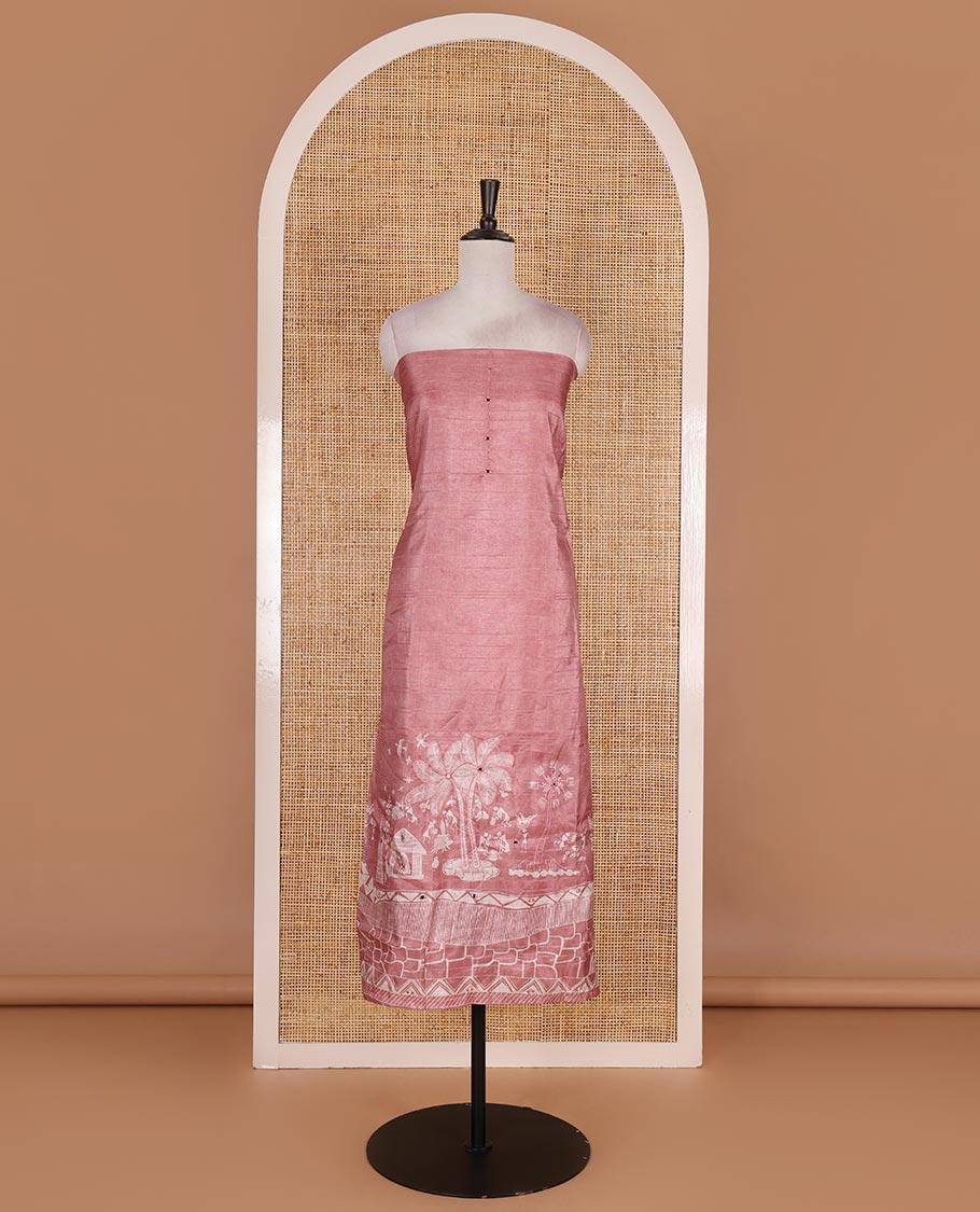 Light peach material churidar set, warli tribe village theme print with mirror work semi-tussar top, plain bottom, and warli tribe village theme print semi-tussar dupatta