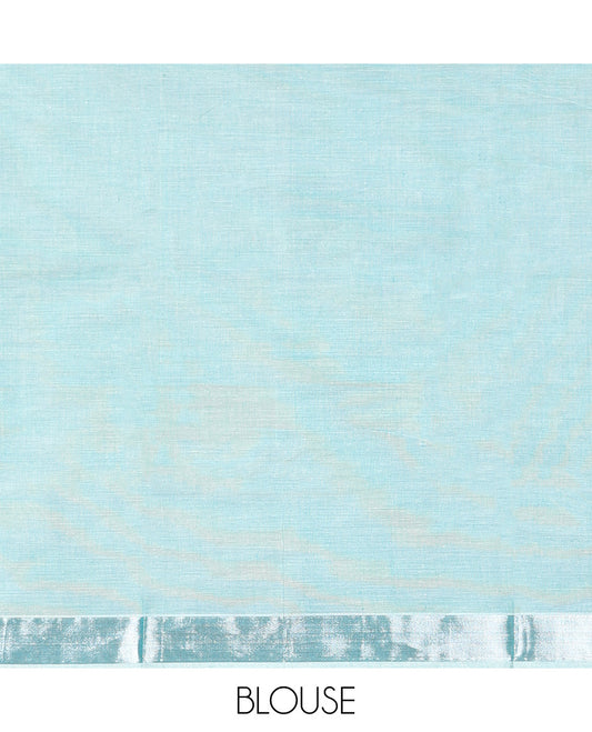 Blue Kerala Saree, Mesmerized with Zari Buttas on Its Body, Subtly Sparkled Zari Bavanji Border, Pallu Depicting Paisley Designs, and Paired with a Matching Blouse