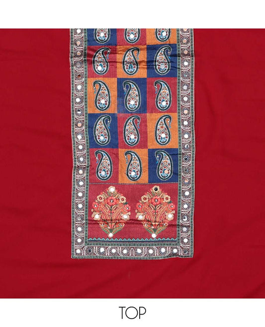 Red chudidhar material set floral thread embroidered with mirror work top, plain bottom & floral design, mirror work dupatta