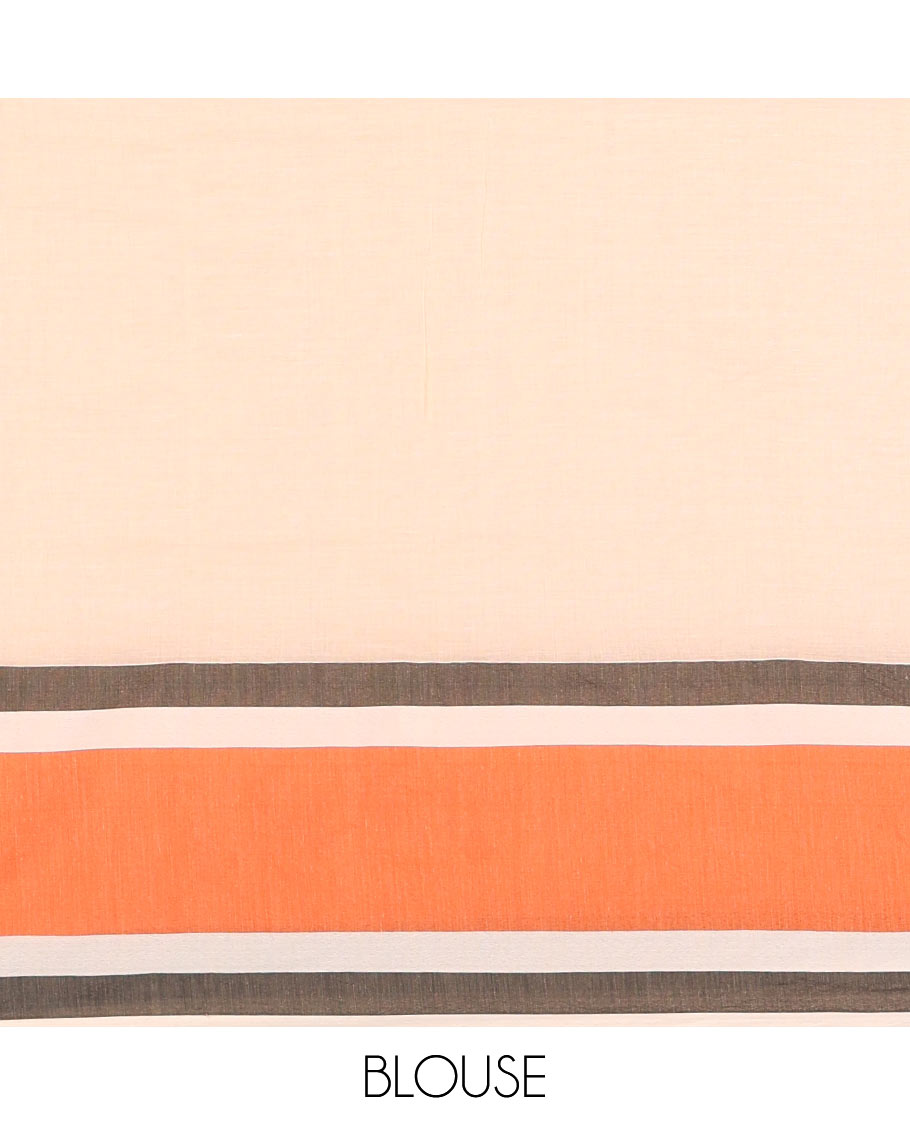 Cream Plain Khadi Mul Cotton Saree, Complemented by Contrast Orange Border, Self-Pallu, and Paired with a Matching Blouse