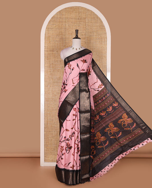 Onion pink golden zari stripes, and floral vine printed dola silk saree, contrast traditional temple zari border, and floral printed pallu