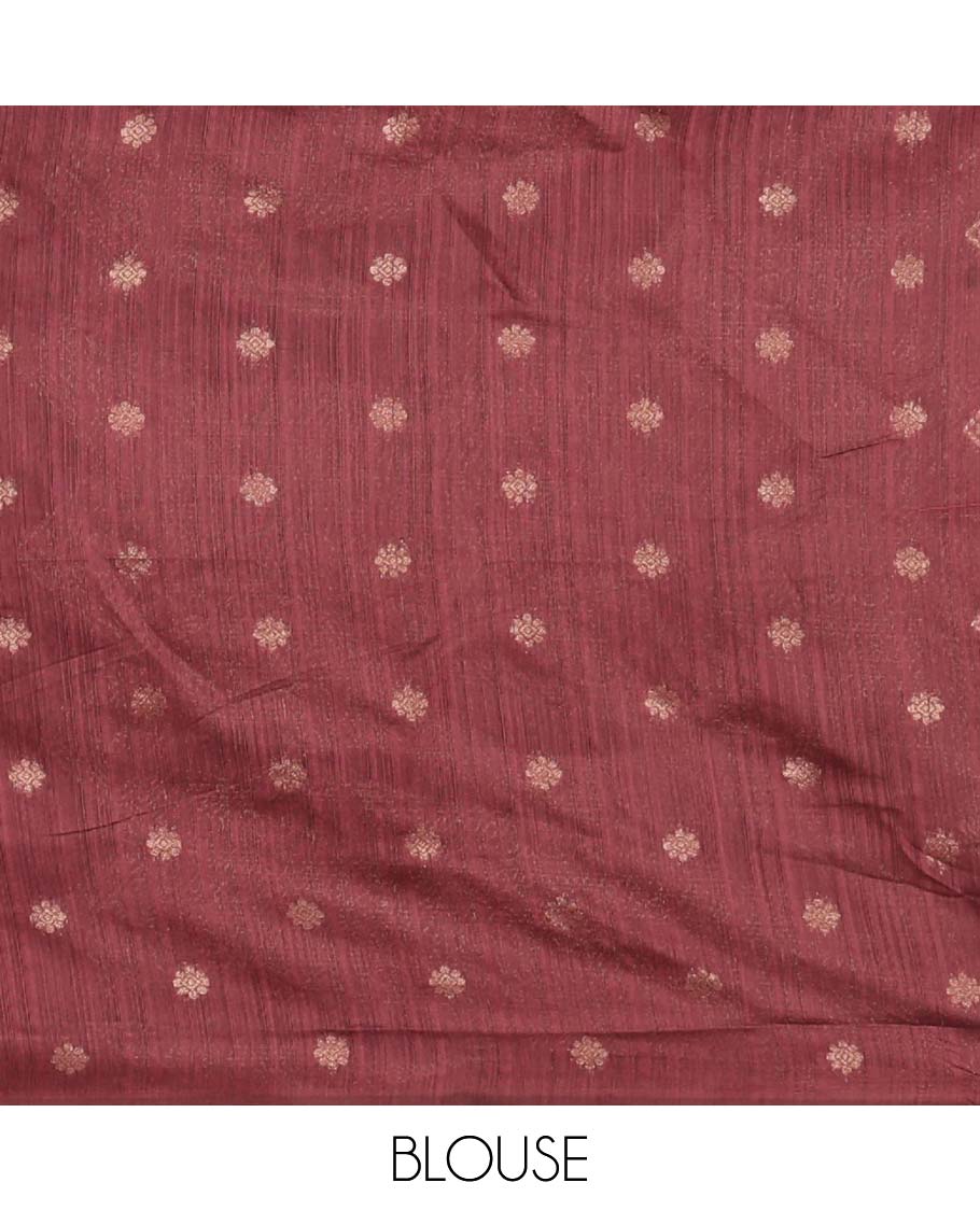 Borderless wine floral bouquet-shaped buttas Banarasi jute silksaree, zari-rich intricate pallu & matching zari butta blouse