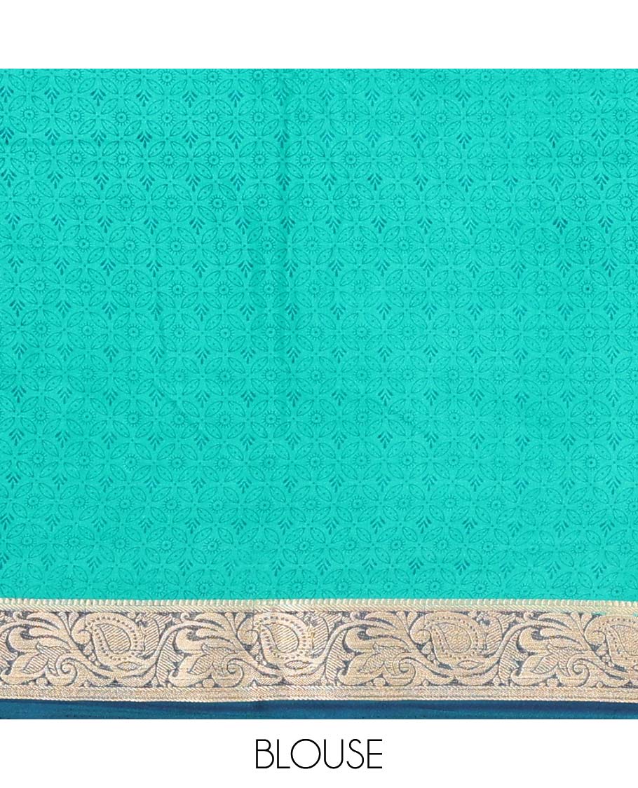 Blue intricately printed semi-banaras printed saree, contrast floral & paisley border & floral design pallu 