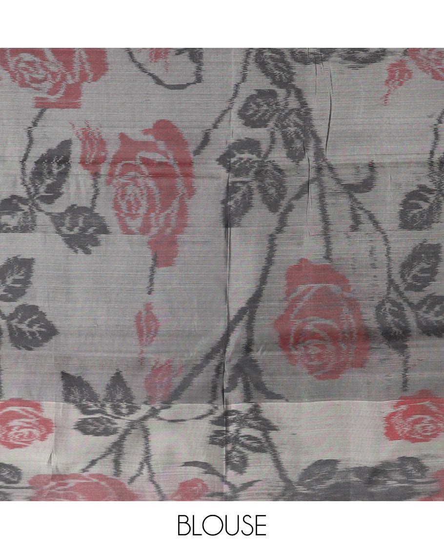 Purple floral motifs semi-soft silk saree with contrast border & floral vine design pallu