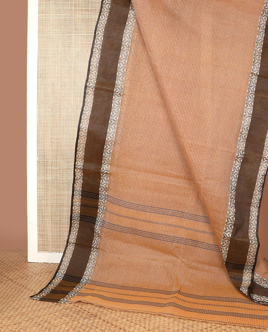 Light brown checked bengal cotton saree with contrast geometric design border & checked pallu