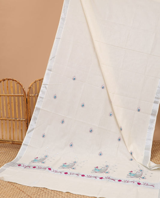 Cream peacock feather embroidered motifs kerala saree,zari border &  floral creeper & peacock feather embroidered pallu