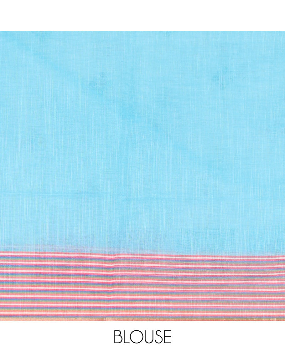 Cream-Blue Linen Cotton Saree