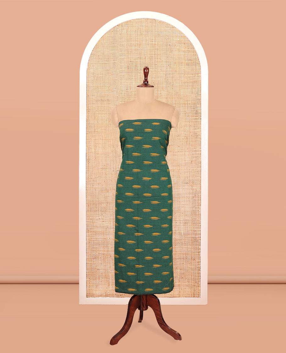 Green-Grey Pure Cotton Saree Material Chudidar Ikat Buttas Top, a Contrast Bottom, and Ikat Buttas Dupatta