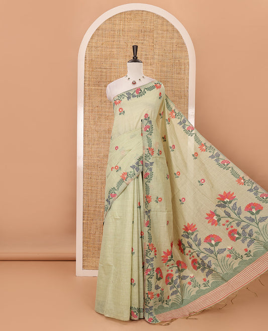 Light green meena buttas woven linen saree, jamdhani-style floral design woven border, floral design pallu & contrast zari butta blouse