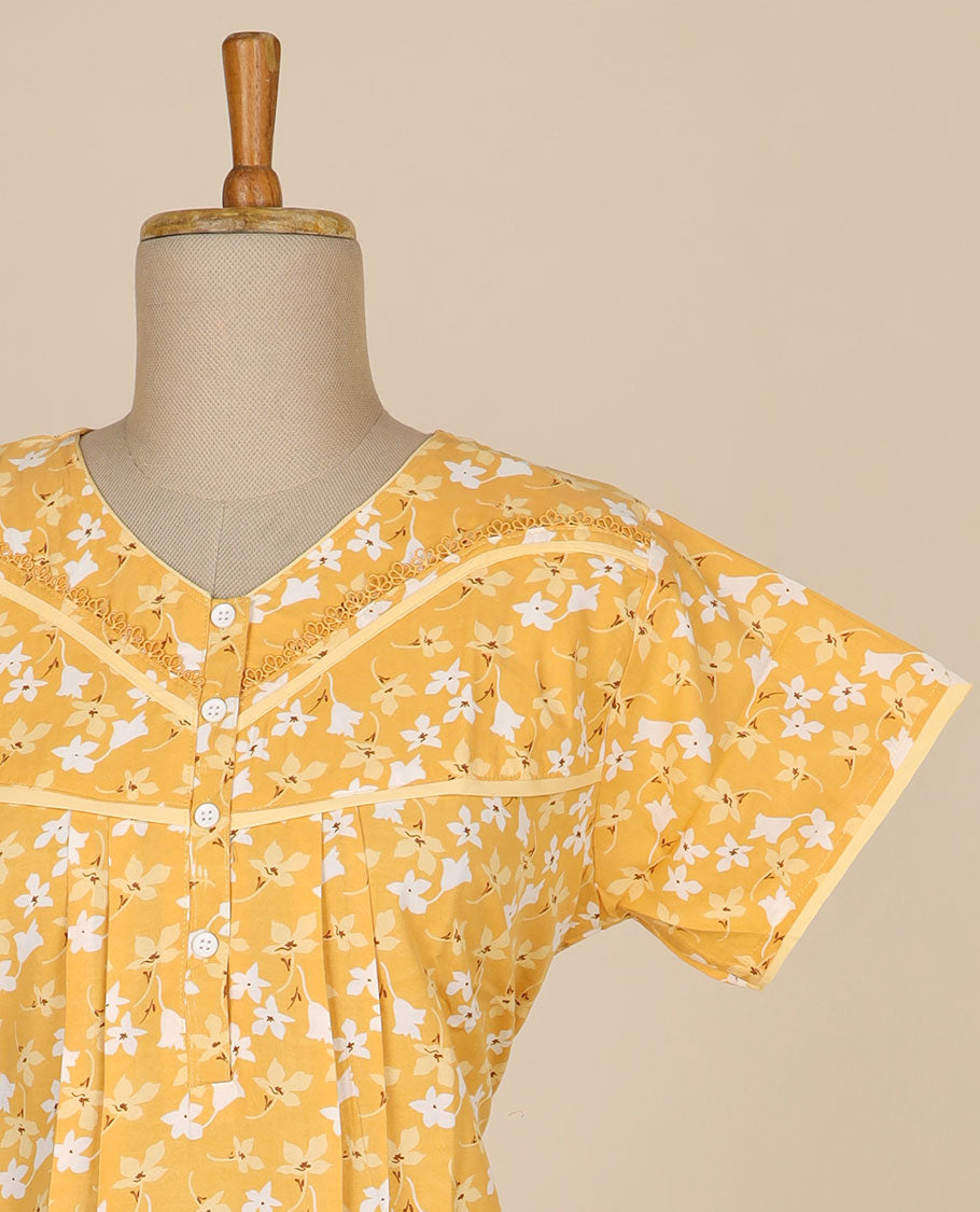 Yellow floral printed & v neck with lace, cotton half-sleeve nighty
