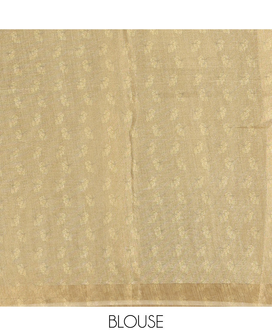 Gold and Green Tissue Saree, Enthralled with Leaf Motifs Printed on Its Body, Complemented by a Contrast Border of Leaf Motifs, Pallu of Leaf Motifs Print, and Paired with a Contrast Blouse