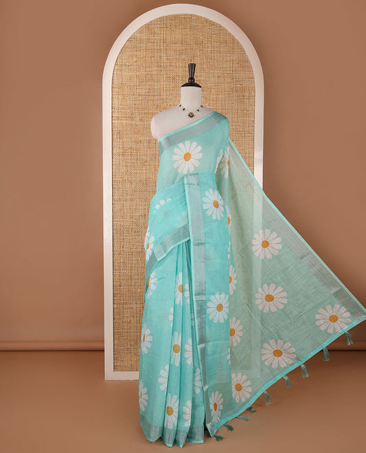 Peacock green sunflower motif printed linen saree, silver zari plain border & small sunflower motif print blouse