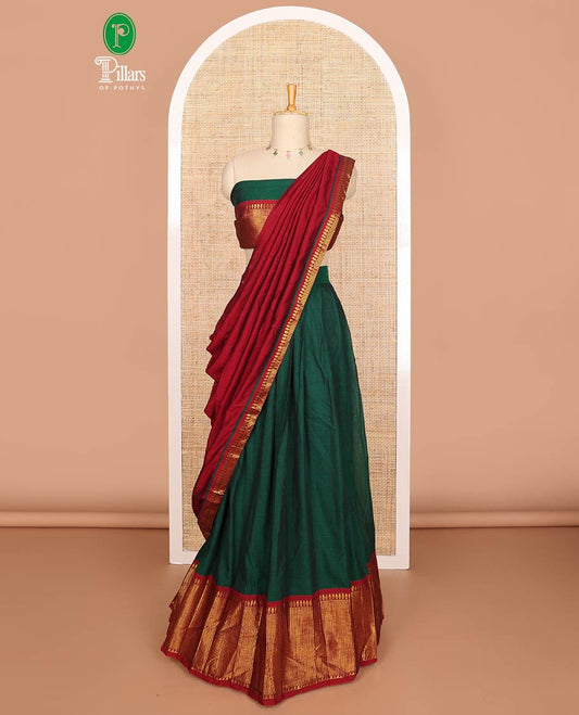Green mercerised cotton daman zari border  half saree with mercerised cotton blouse & skya georgette one side zari border work