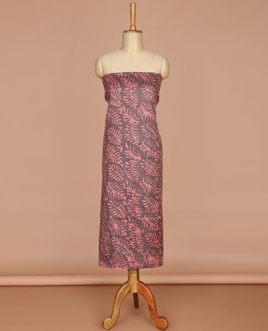 Grey with onion pink batik leaf design print bhagalpur cotton chudidhar material top with batik print cotton pants & batik leaf design print mul mul dupatta