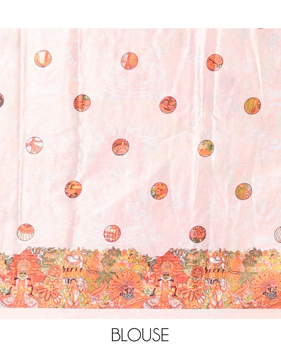 Peach Masakali Saree, Artfully Detailed with Kerala-Themed Print and Mirror Work, a Matching Blouse