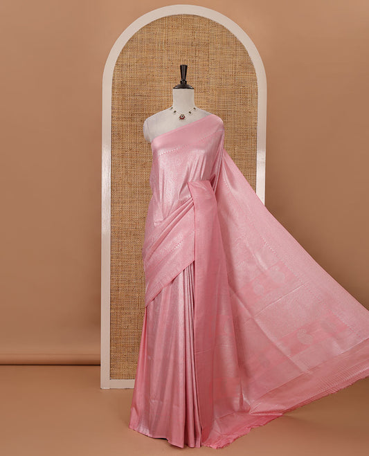 Peach pink mango-design jamdani zari body softy saree, self-traditional zari border, rich pallu & matching blouse