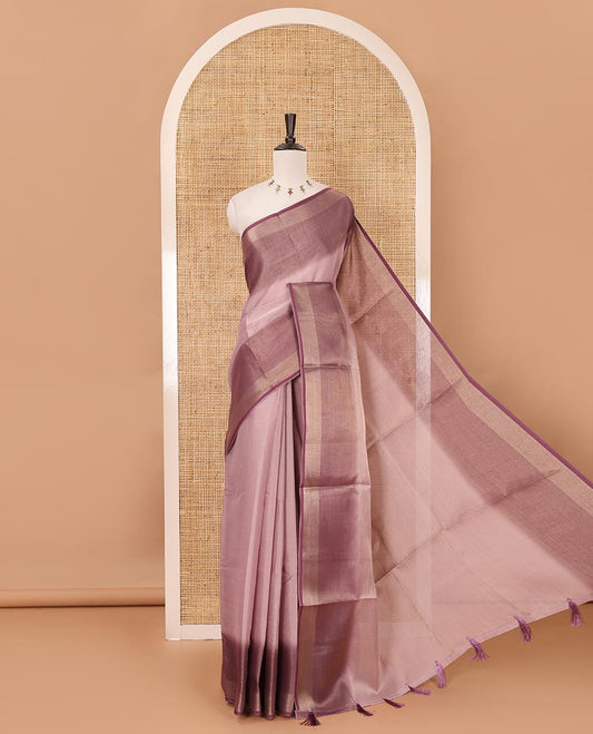 Lavender plain tissue saree, contrast gold zari piping border & self pallu with tussels