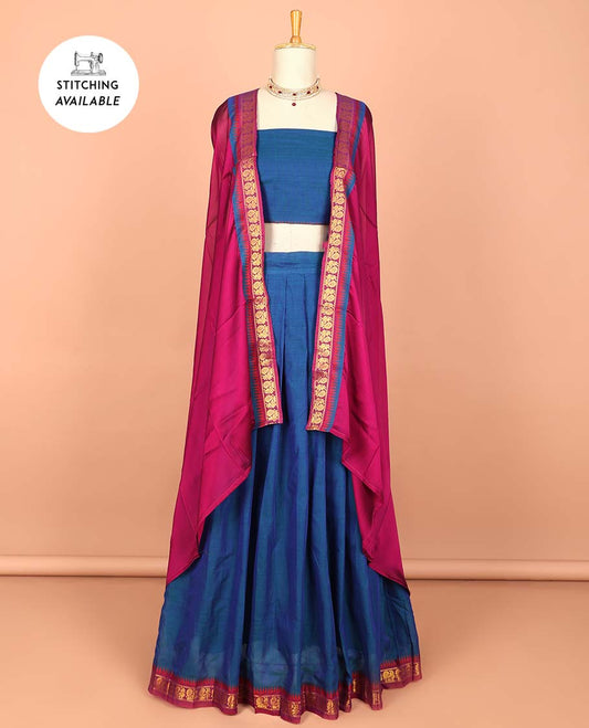 Blue cotton half saree with contrast zari border, plain blouse & plain with peacock zari border dhavani