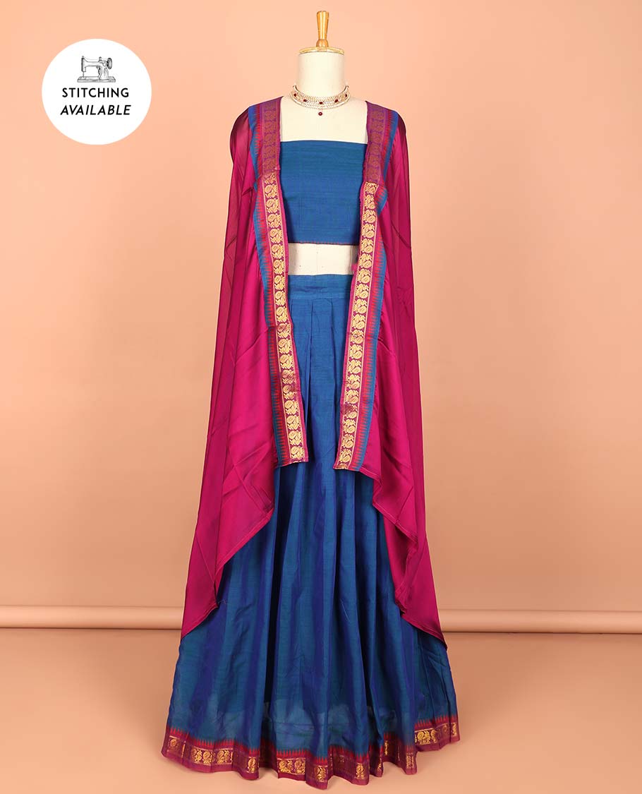 Blue cotton half saree with contrast zari border, plain blouse & plain with peacock zari border dhavani