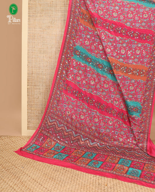 Rani pink printed, mirror synon silk saree with printed border & printed rich pallu along with plain blouse