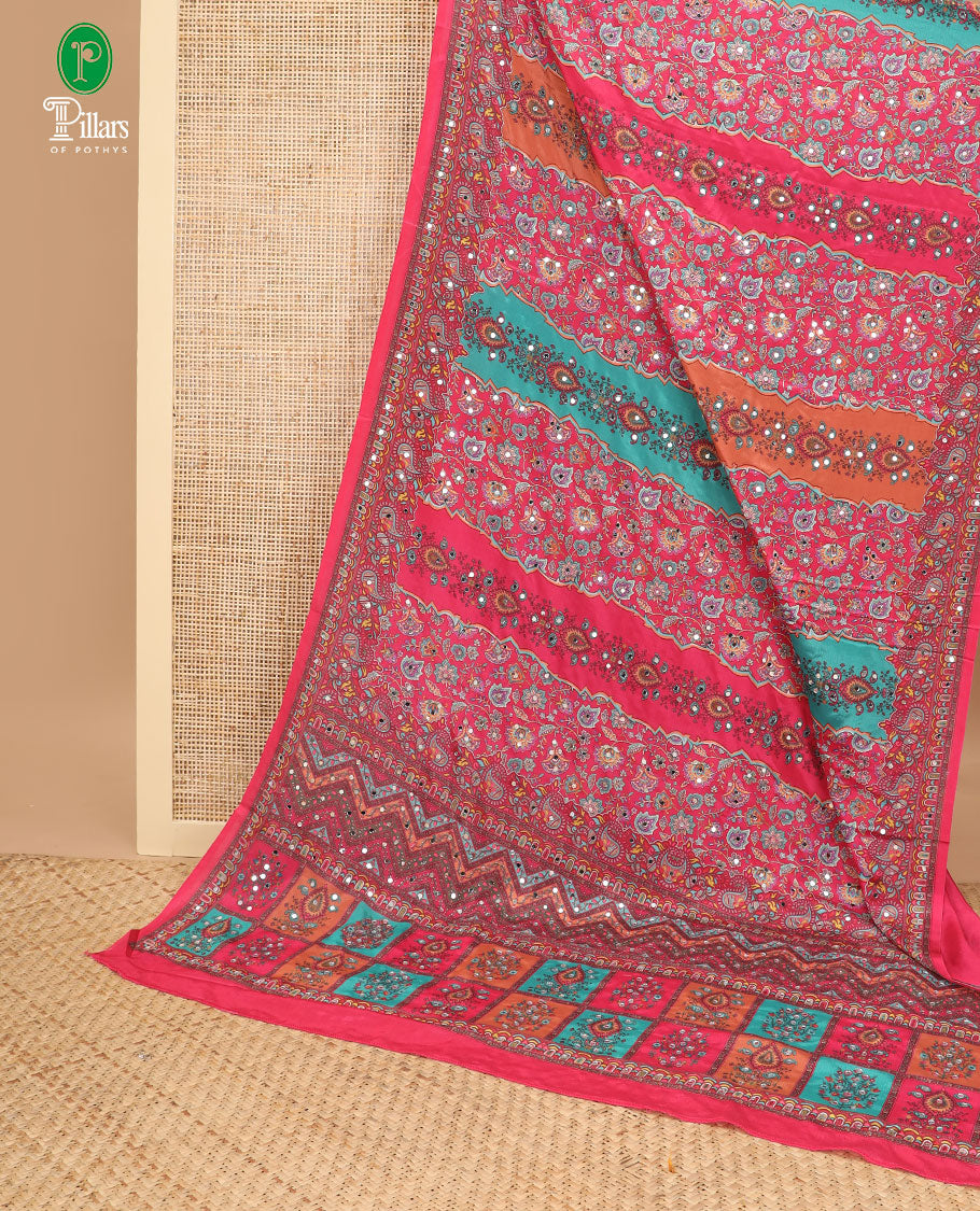 Rani pink printed, mirror synon silk saree with printed border & printed rich pallu along with plain blouse